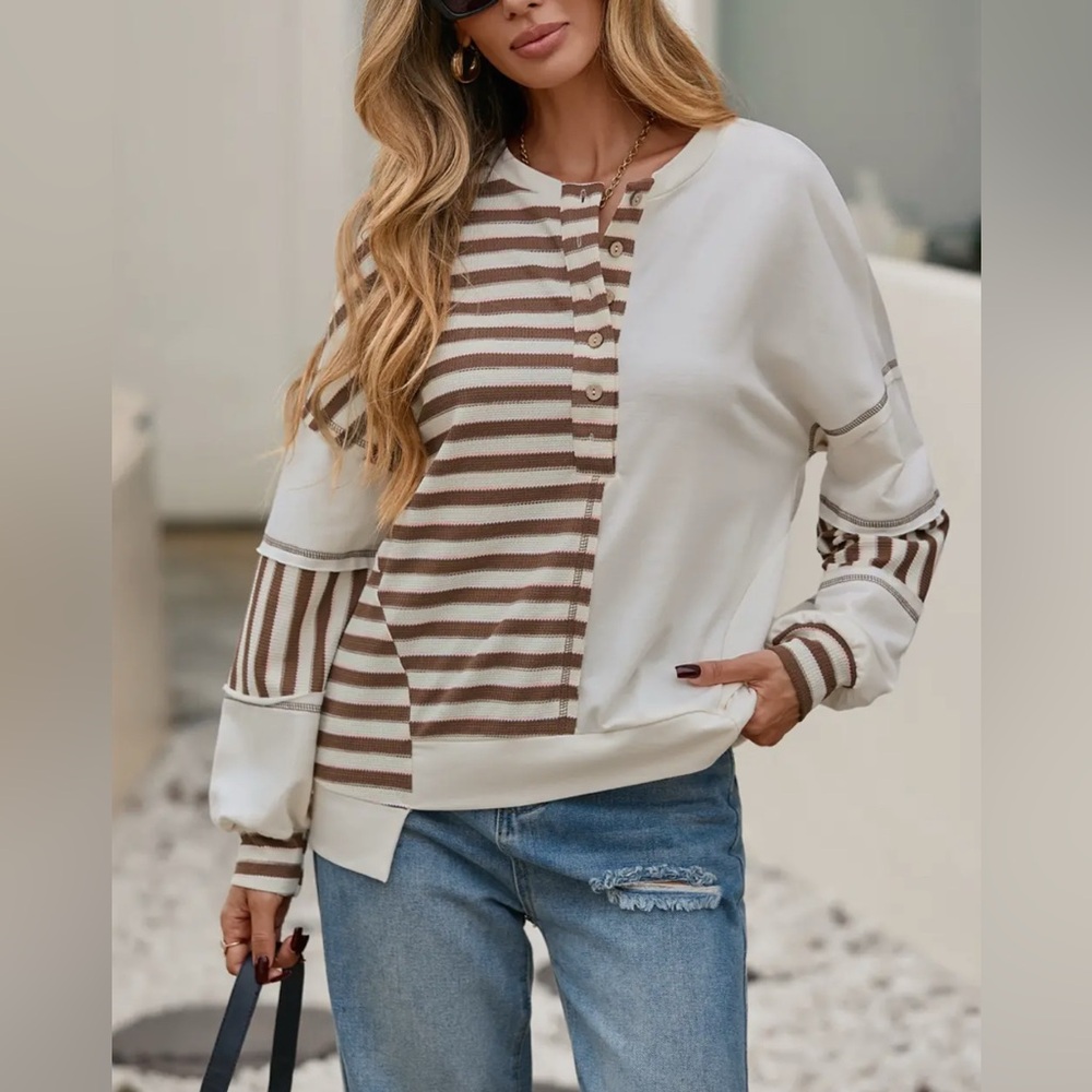 Chic Striped Patchwork Sweatshirt - Cream and Brown
